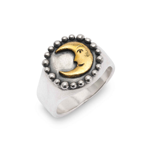 Sterling Silver Signet Ring With Golden Moon